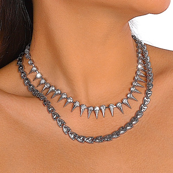 Spiked Silver Zircon Multilayered Choker Necklace - Picture 1 of 6